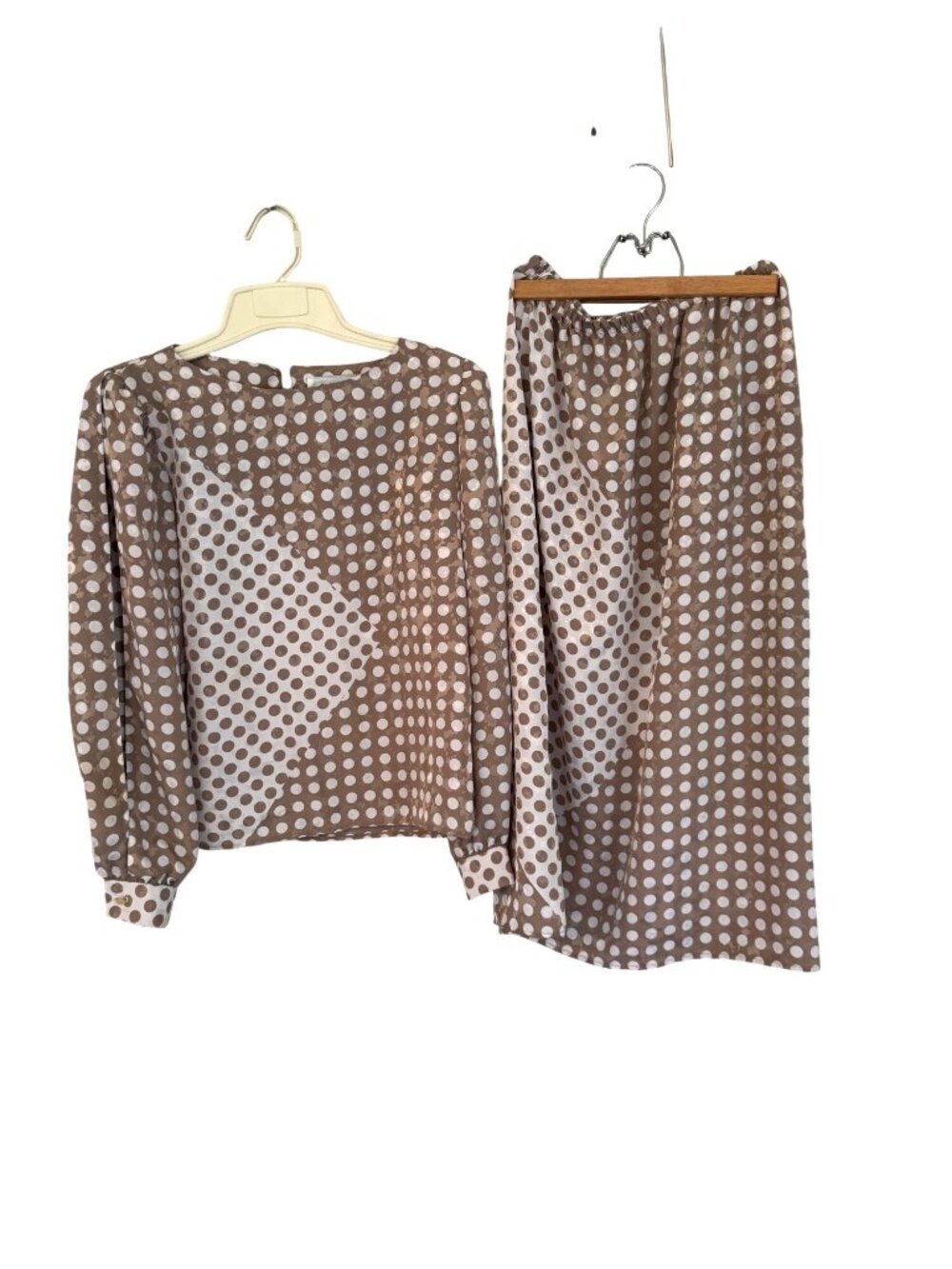 Vintage Hal Ferman Polka Dot Set Top Blouse Midi Skirt 8 Brown White Union Made - Picture 2 of 16